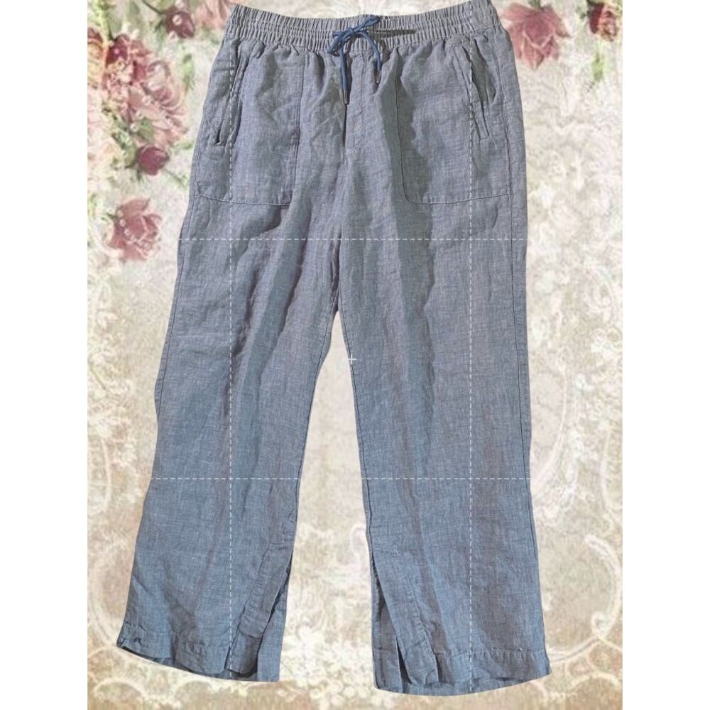 Athleta Womens 12 Linen Wide Elastic Waist/Drawstring Blue Crop Lounge Pant - Picture 2 of 8